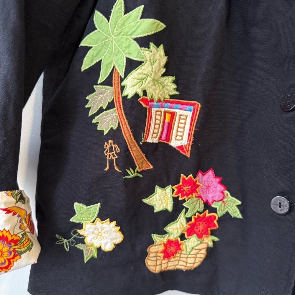 Hearts of Palm Black Tropical Floral Embroidered Cotton Blazer Women’s 16 - Picture 7 of 13